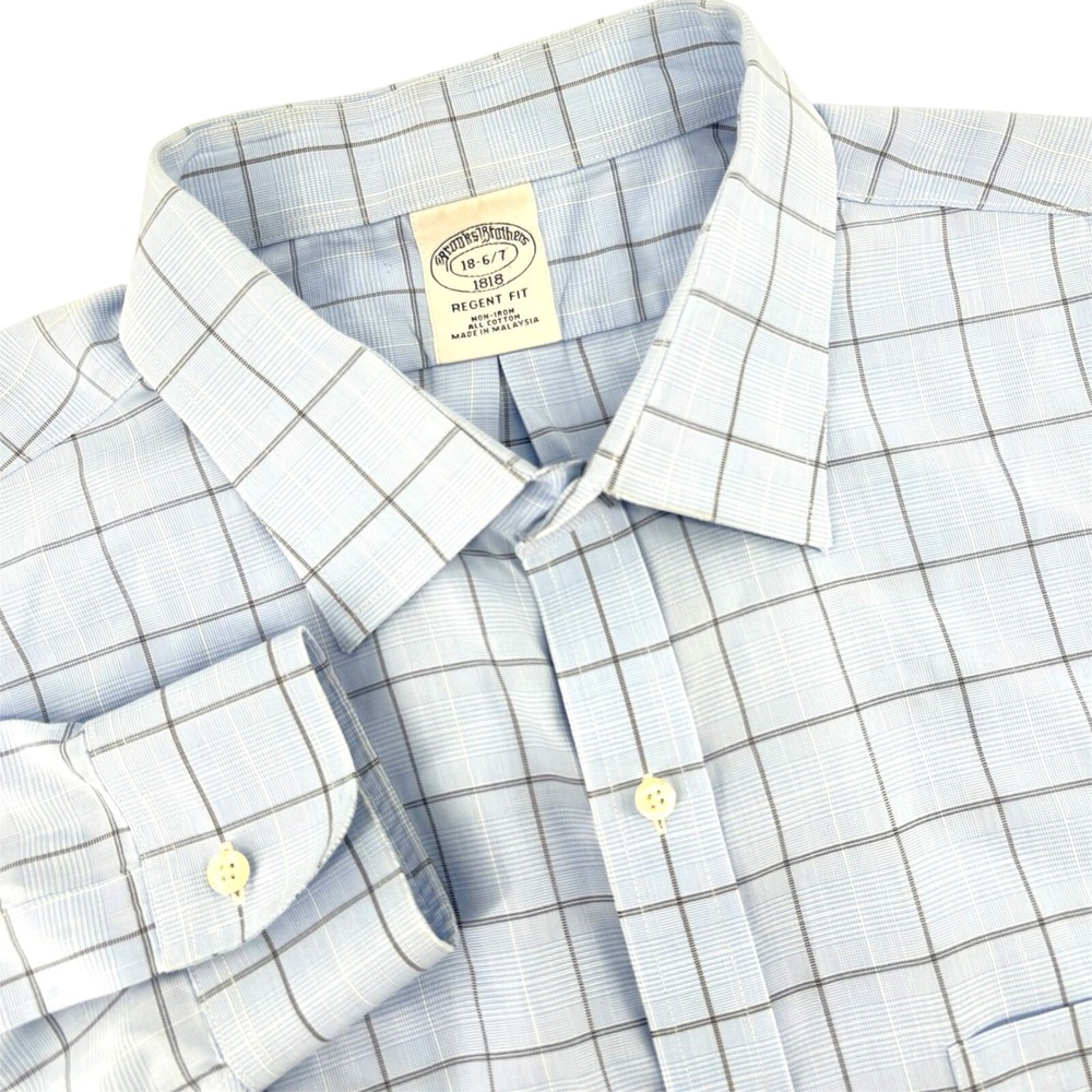 Brooks Brothers Regent Fit Light Blue Plaid Non Iron Cotton Dress‎ Shirt 18 6 7